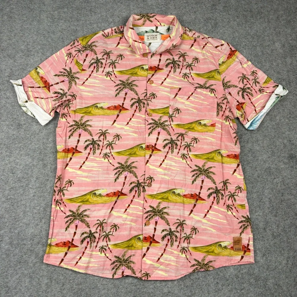 Scotch & Soda Button Up Shirt Mens XL Pink Palm Tree Tropical Wave Surf Print